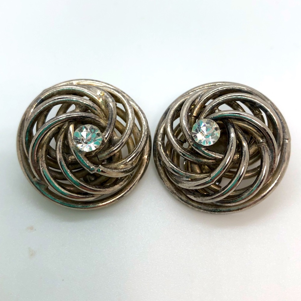 VTG silver coloured spiral clip-on earrings with rhinestones
